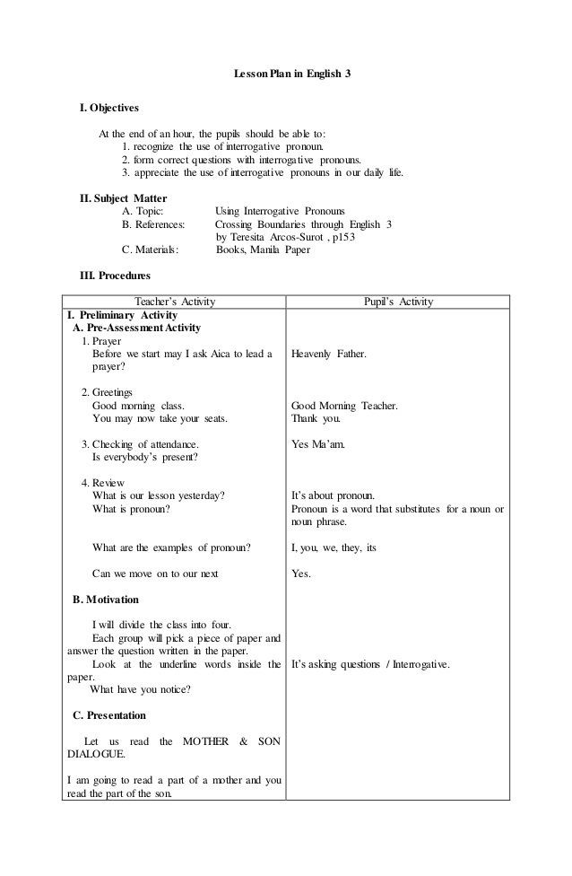 3rd Grade Lesson Plan Template Detailed Lesson Plan In English 3 In 2020