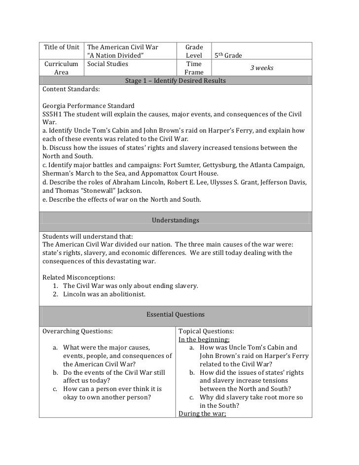 5th Grade Lesson Plan Template Title Of Unit the American Civil War Grade “a Nation Divided