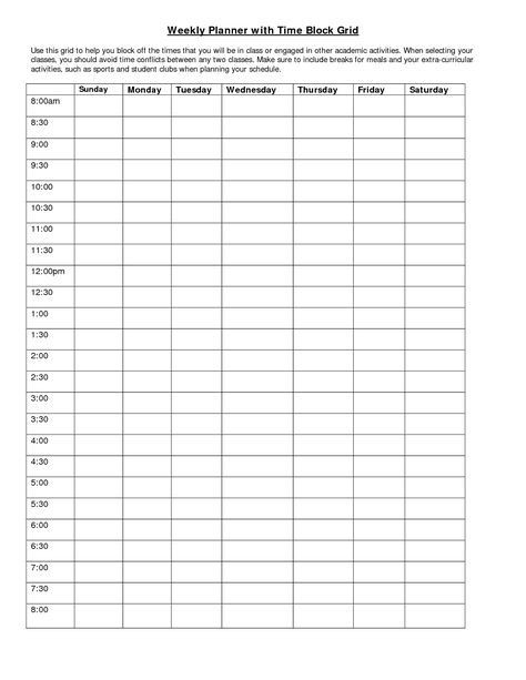 7 Day Planner Template Weekly Planner with Time Block Grid