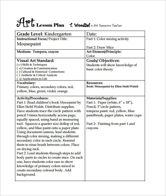 Art Lesson Plan Template Word Art Lesson Plan Template 3 Free Word Pdf Documents
