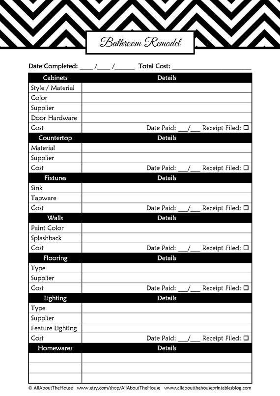 Bathroom Remodel Project Plan Template Bathroom Remodel Checklist Planner Printable Renovation Home