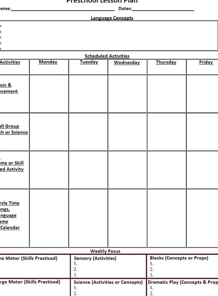 Blank Preschool Lesson Plan Template Blank Preschool Weekly Lesson Plan Template My Printable