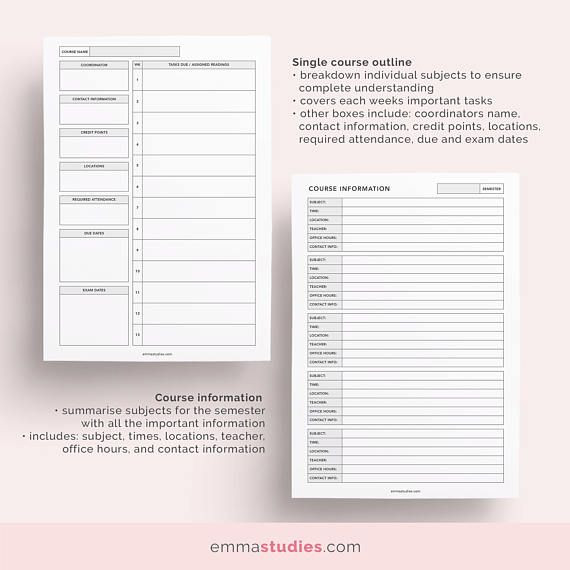College Semester Course Planner Template Back to School College and University organiser Printable