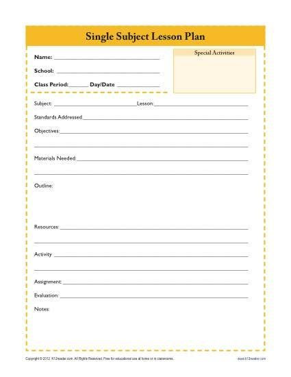 Daily Lesson Plan Template Elementary Daily Single Subject Lesson Plan Template Secondary