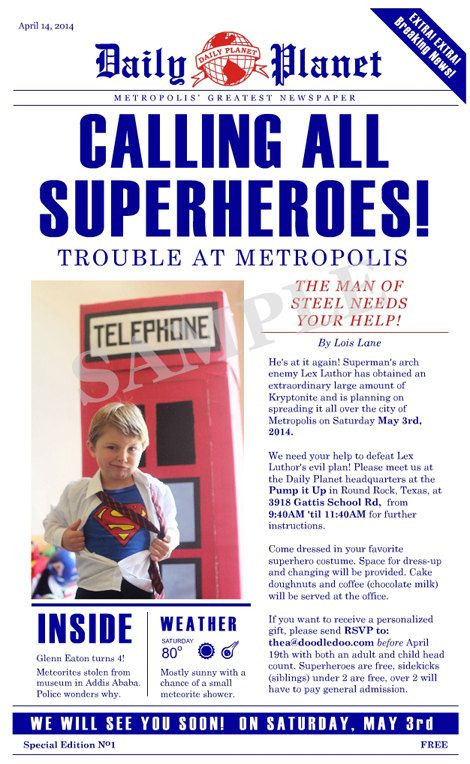 Daily Planet Newspaper Template Free Superman Daily Planet Birthday Invitation Digital by