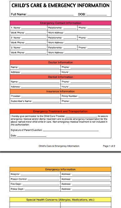 Daycare Emergency Preparedness Plan Template Child S Care and Emergency Contact Information form for