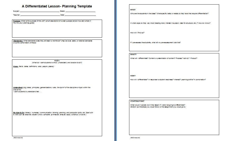 Differentiated Instruction Lesson Plan Template Lesson Plan Template