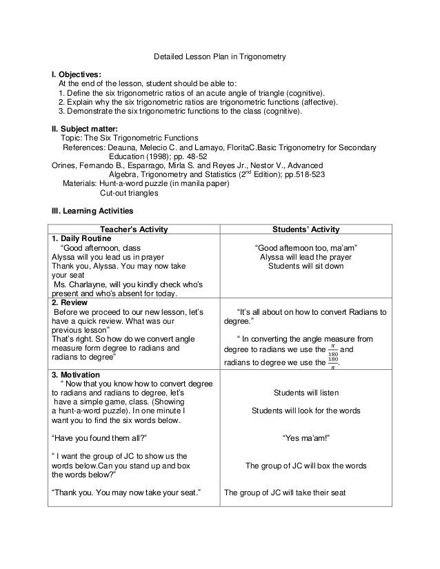 Elementary Math Lesson Plan Template Detailed Lesson Plan In Trigonometryi Objectives at the