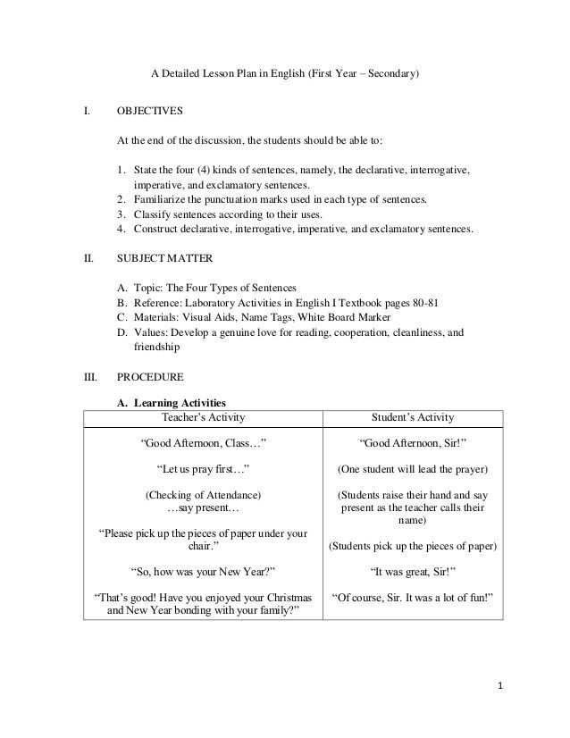 English Lesson Plan Template A Detailed Lesson Plan In English