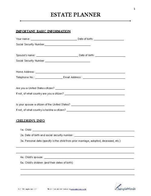 Estate Planning Template Estate Planner Template Pdf form for Download and Print