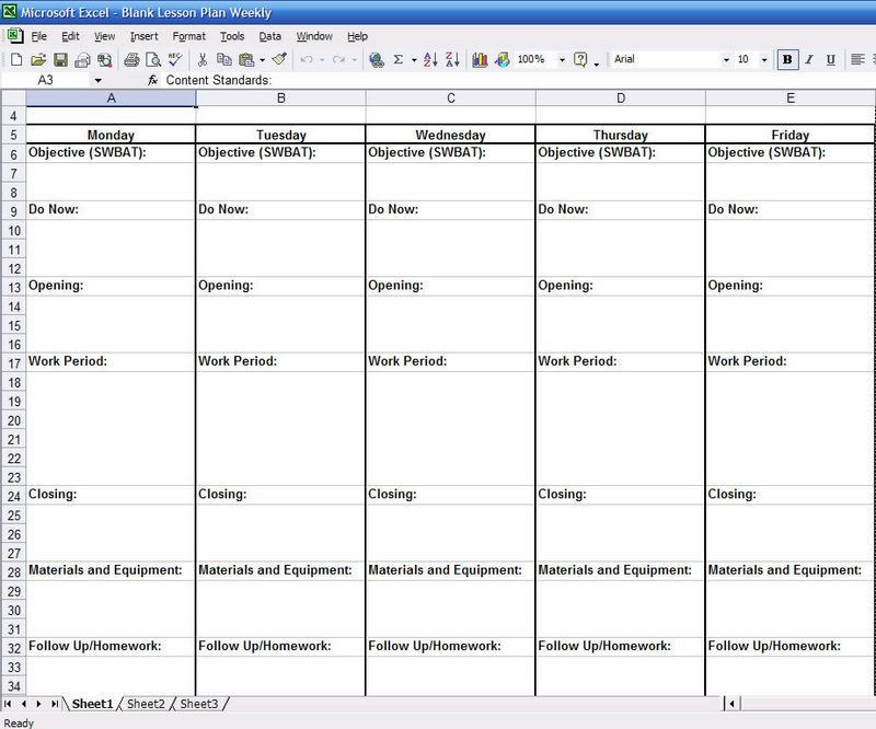 Excel Lesson Plan Template Screenshot Of Ms Excel Weekly Lesson Plan Template