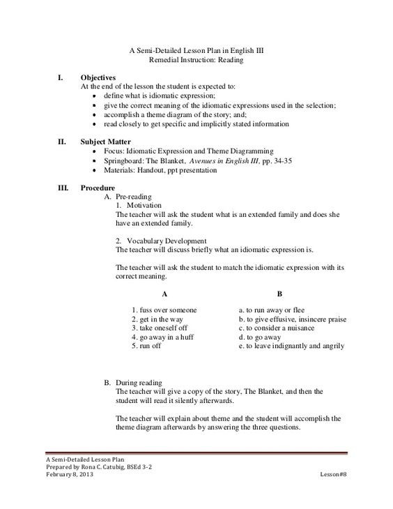 Five E Lesson Plan Template Semi Detailed Lesson Plan On Idiomatic Expressions