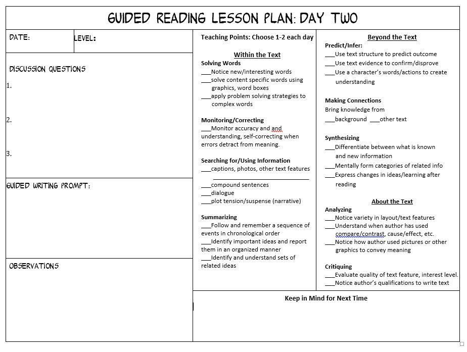 Guided Reading Lesson Plan Template Guided Reading Lesson Plan