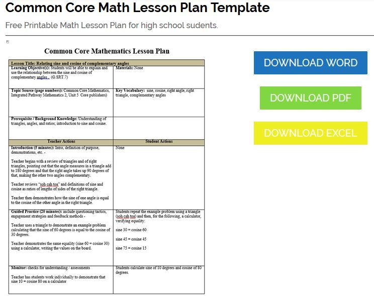 Lesson Plan Template Common Core Mon Core Math Lesson Plan Template