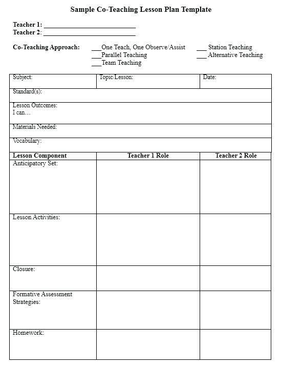 Lesson Plan Template for Elementary Co Teaching Lesson Plan Template