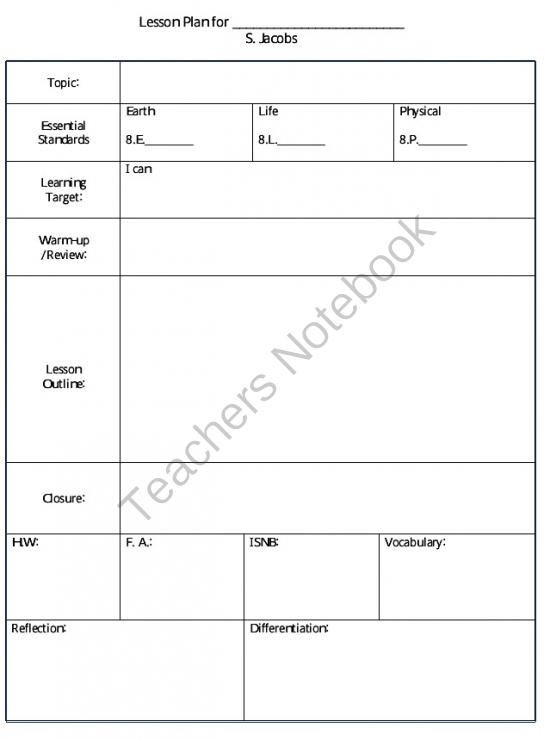 Lesson Plan Template for Elementary Teachers Notebook
