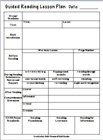 Lesson Plan Template for Kindergarten Guided Reading Lesson Plan Template Mon Core area