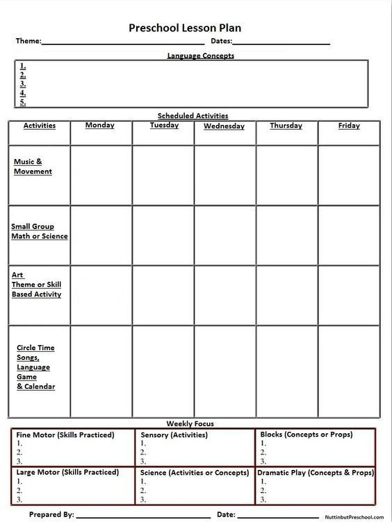 Lesson Plan Template Printable Blank Preschool Weekly Lesson Plan Template