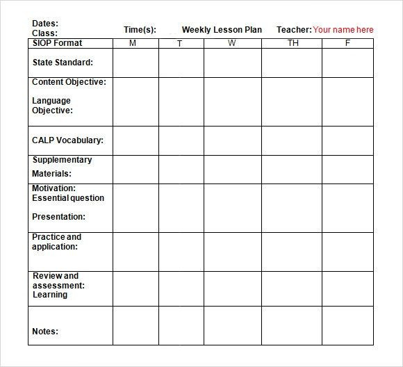Lesson Plan Template Weekly Weekly Lesson Plan Template Unique Free 7 Sample Weekly