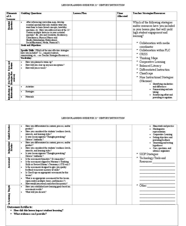 Marzano Lesson Plan Template Doc Lesson Template Doc Easy to Type On