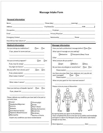 Massage therapy Treatment Plan Template Free forms