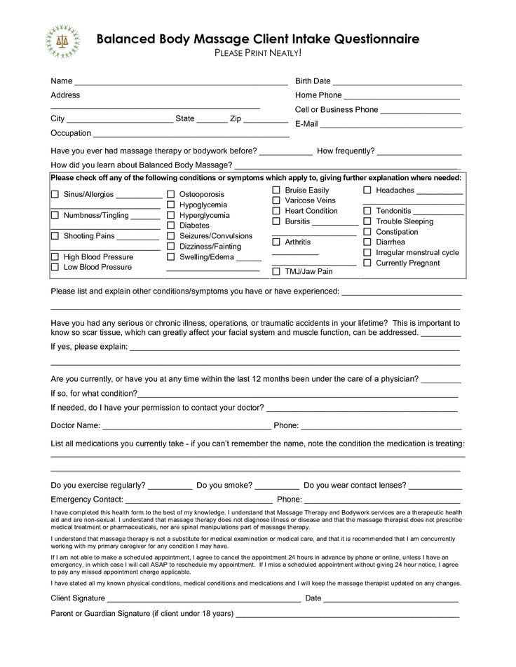 Massage therapy Treatment Plan Template Free Massage Intake forms