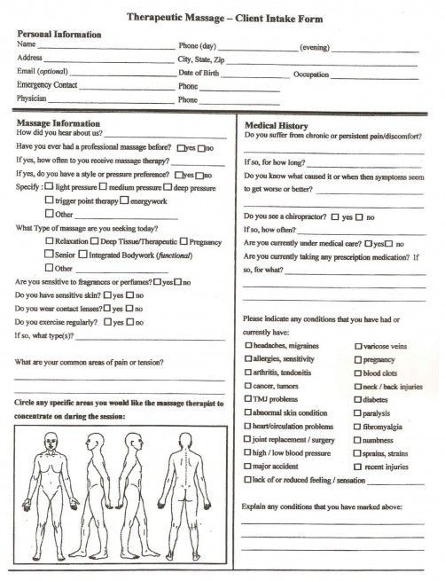 Massage therapy Treatment Plan Template Free Printable Massage Intake forms