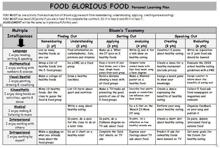 Multiple Intelligences Lesson Plan Template Food Glorious Food Personal Learning Plan A Gardner S