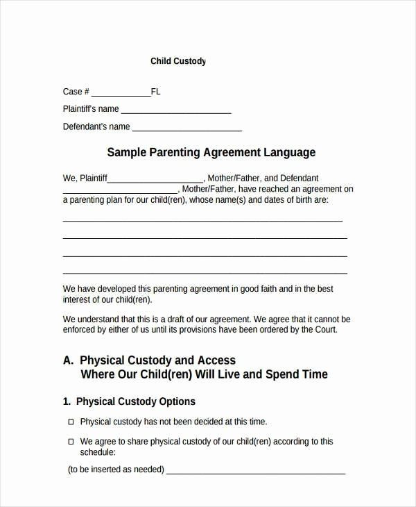 Parenting Plan Template Parenting Agreement Template Free Inspirational Sample