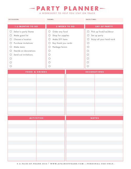 Party Planner Template for the Taking Party Planning Printables – Jamie Bartlett