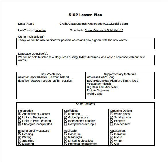 Piano Lesson Plan Template Able Sample Siop Lesson Plan Template