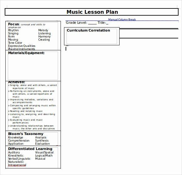 Piano Lesson Plan Template Elementary Music Lesson Plan Template Luxury Sample Music