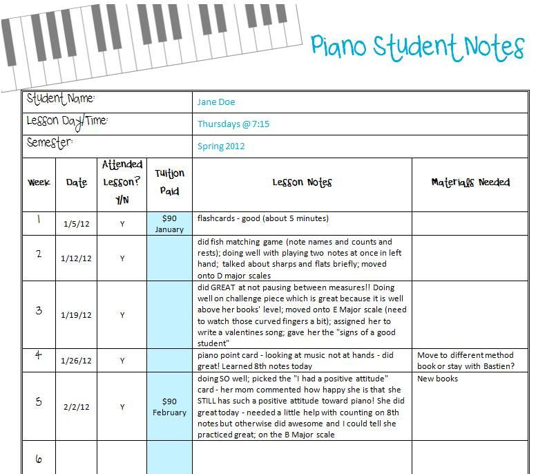 Piano Lesson Plan Template New Printable Student Notes &amp; Records