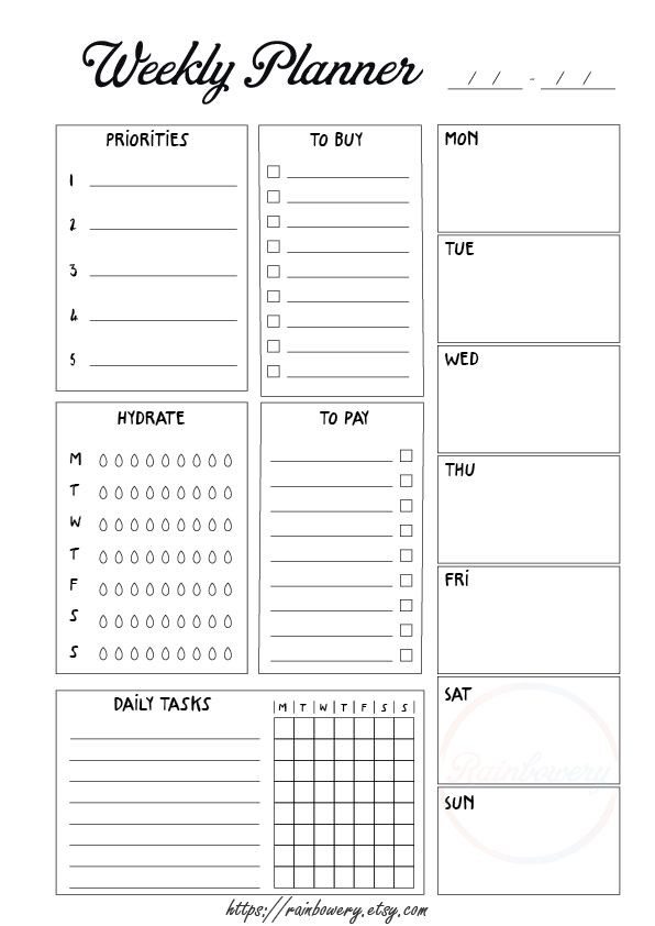 Printable Planner Template Weekly Planner Printable Weekly organizer Printable Weekly