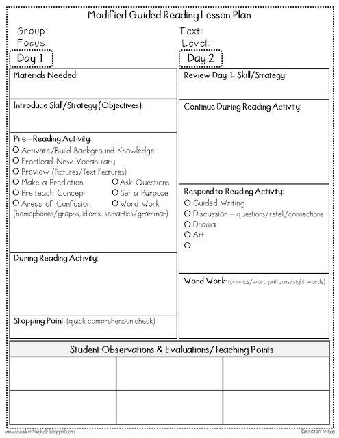 Readers Workshop Lesson Plan Template Modified Guided Reading for Ells