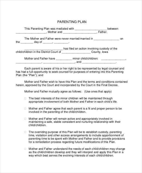 Sample Parenting Plan Template Co Parenting Plan Template Best Free 6 Parenting Plan