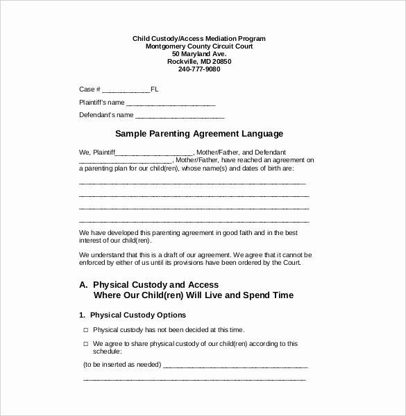 Sample Parenting Plan Template Free Custody Agreement Template Awesome Custody Agreement