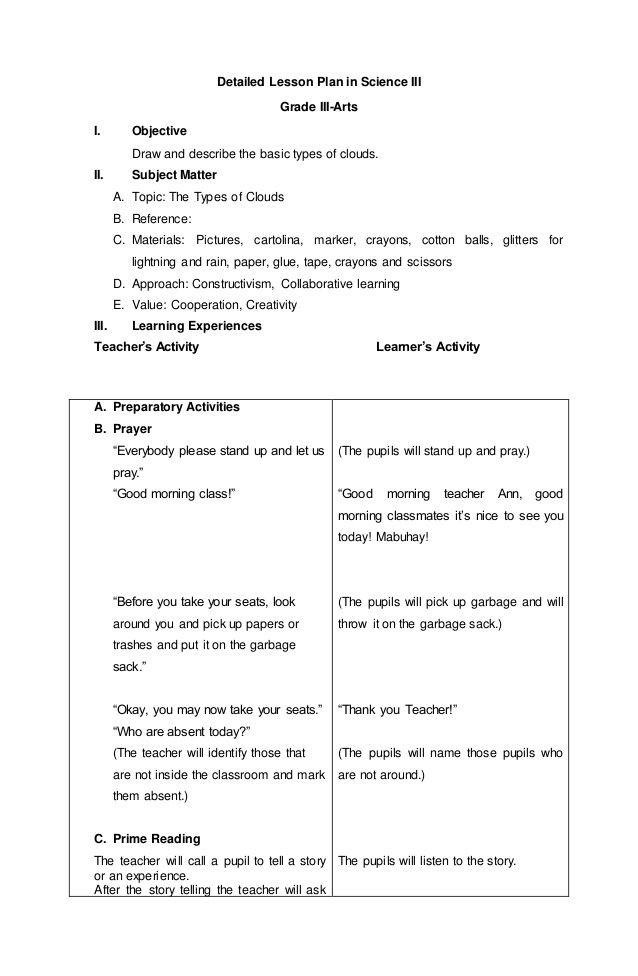 Science Lesson Plan Template Detailed Lesson Plan In Science Iii Grade Iii Arts I