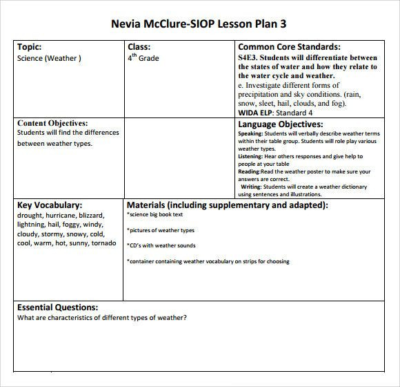 Siop Lesson Plan Template 4 Siop Lesson Plan Template 4 Best Sample Siop Lesson Plan