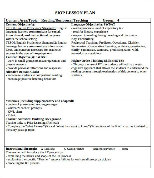 Siop Model Lesson Plan Template Siop Lesson Plan