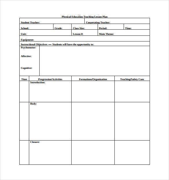 Sunday School Lesson Plan Template Phys Ed Lesson Plan Template