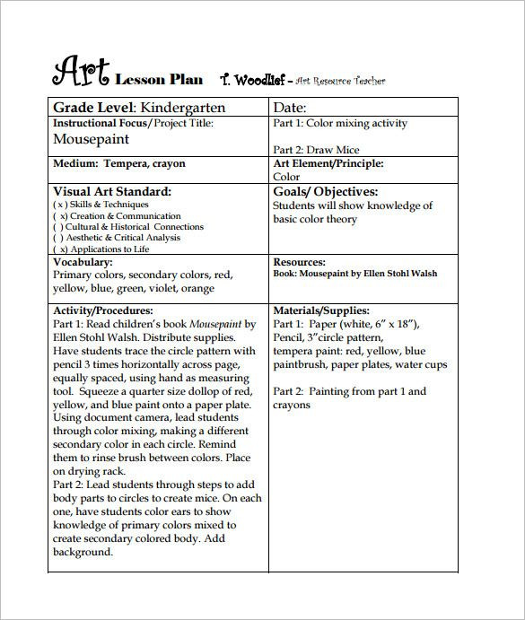 Teacher Lesson Plan Template Pdf Art Lesson Plan Template 3 Free Word Pdf Documents