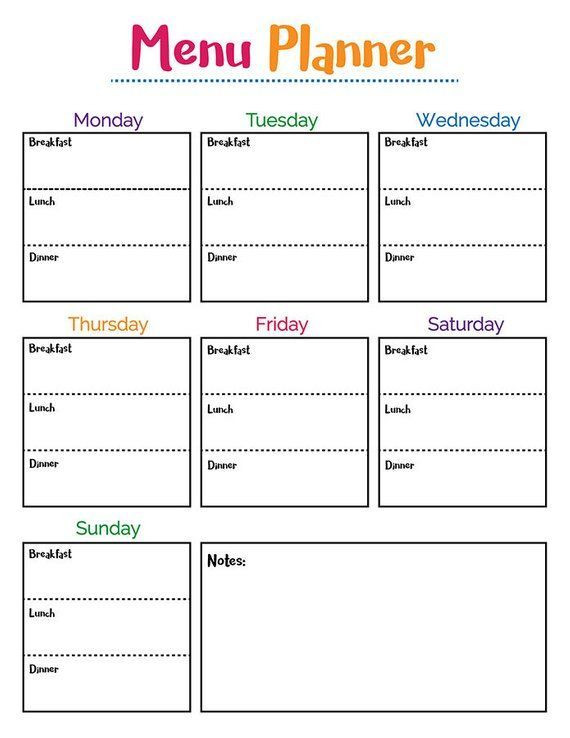 Weekly Menu Planner Template Colorful Meal Planner Printable Printable Menu Planner
