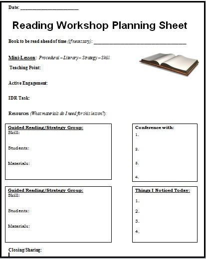 Workshop Lesson Plan Template Readers Workshop Planning Sheet