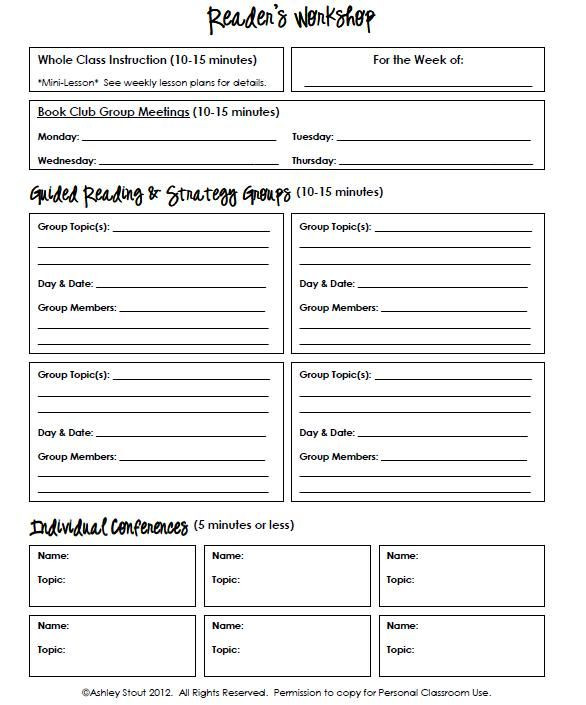 Workshop Lesson Plan Template Strategy Grouping Template for Reading Writing &amp; Math