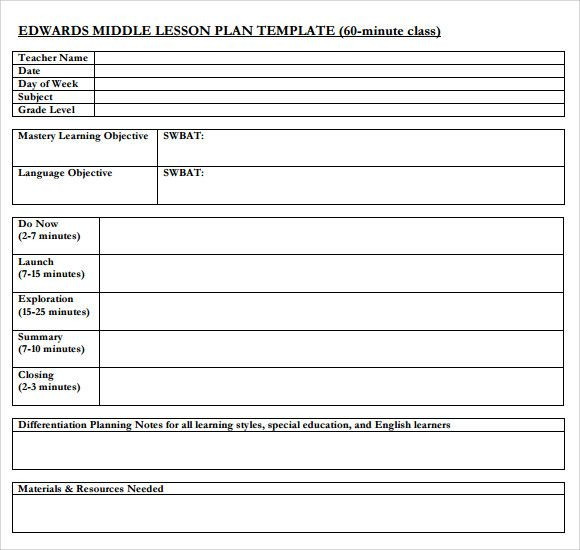 Writing Lesson Plan Template Middle School Lesson Plan Template