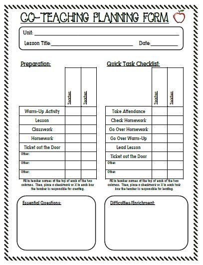 Co Teaching Planning Template Product Preview