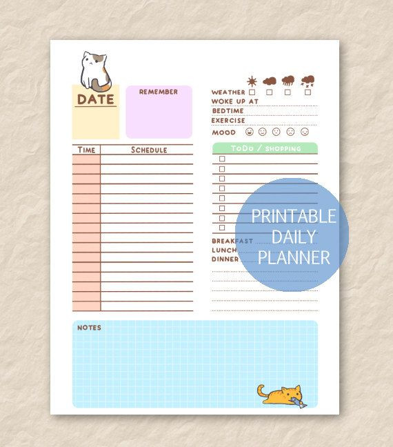 Cute Daily Planner Template Printable Cute Cat Daily Planner Cute Cat theme Day Planner