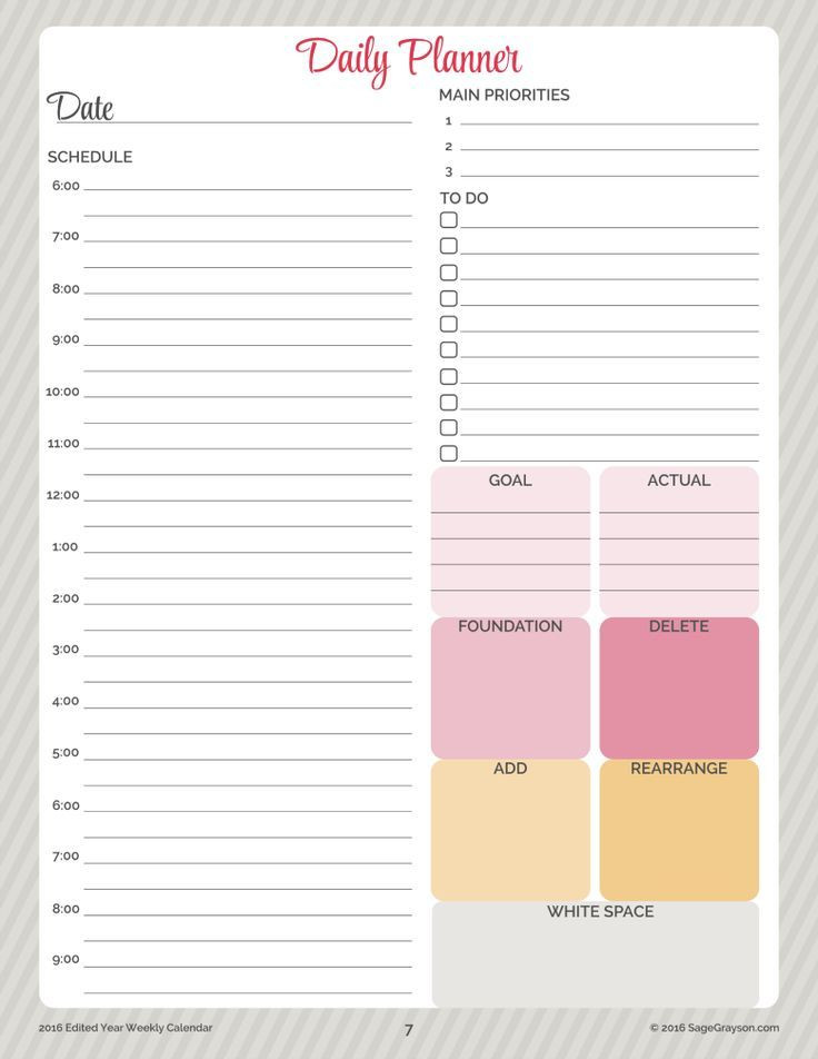 Daily Planner 2016 Template Free Printable Worksheet Daily Planner for 2016 Sage