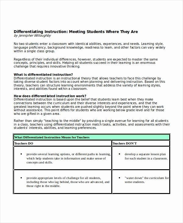 Differentiated Lesson Plan Template Differentiated Instruction Lesson Plan Template Unique